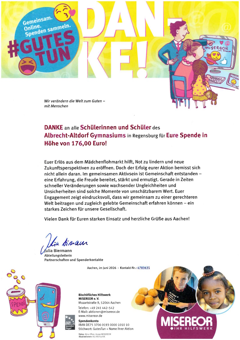 Schülerinnen des Mädchenflohmarkts am AAG Regensburg mit Spende für Misereor ausgezeichnet